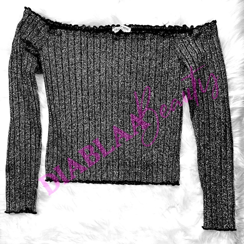Black & Silver Metallic Long Sleeve Crop top
